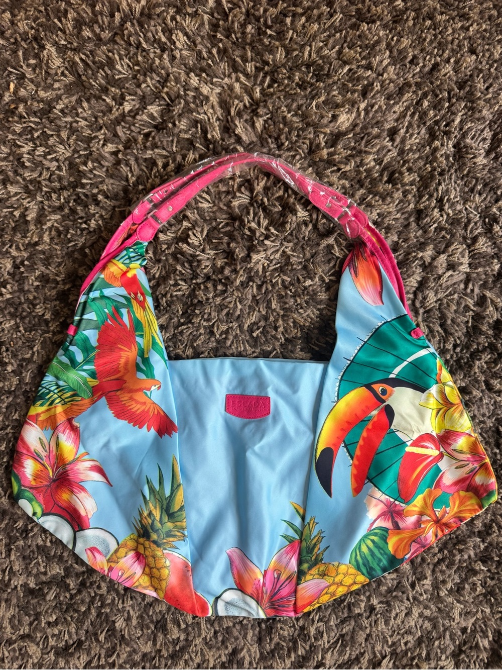 Escada Born in paradise Tropical Print Pink Strap Women’s Beach Tote new